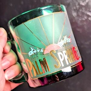 Palm Springs Western Resort Pub Green Glass Mug Cup Collectible Double Sided